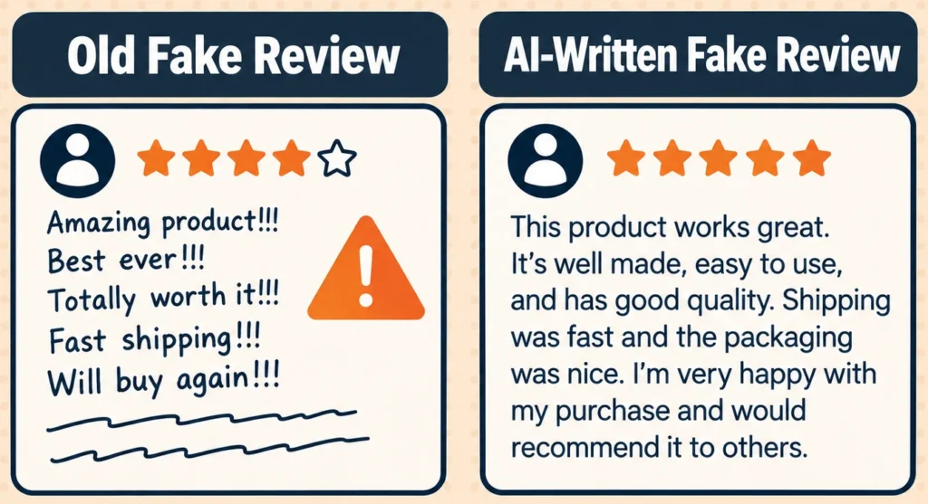 comparing an old-style fake amazon reviews with obvious red flags to a smooth AI-written fake amazon reviews with no obvious tells