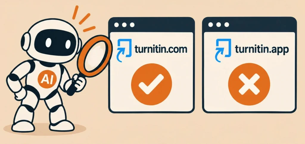 illustration comparing the official Turnitin site against unaffiliated lookalike domains