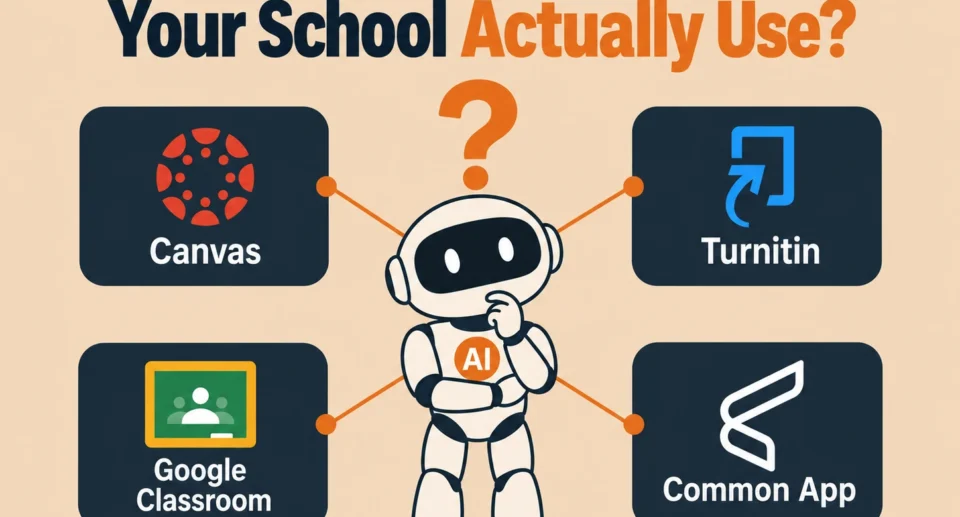 illustration of a robot surrounded by icons for Canvas, Turnitin, Google Classroom, and Common App representing confusion over which AI detector a school uses