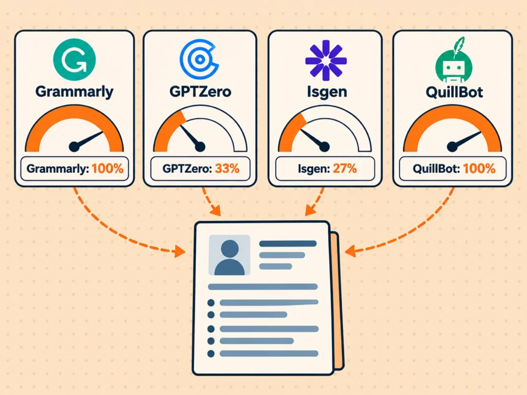 illustration of four AI detector tools giving different percentage verdicts on the same resume
