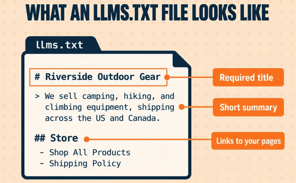 annotated illustration of a sample llms.txt file with callouts labeling the required title, summary, and linked pages sections